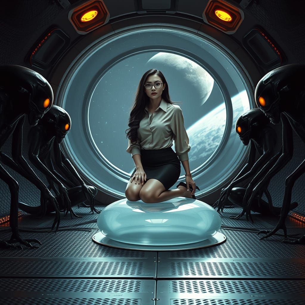 Elegant Secretary Captured by Alien Beings in Futuristic Fly...