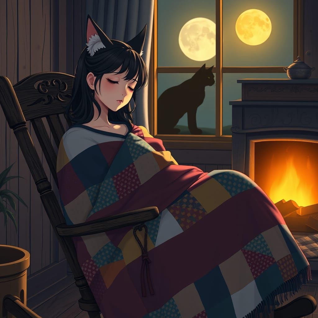 Peaceful Anime-Inspired Scene of Young Woman with Feline Ear...