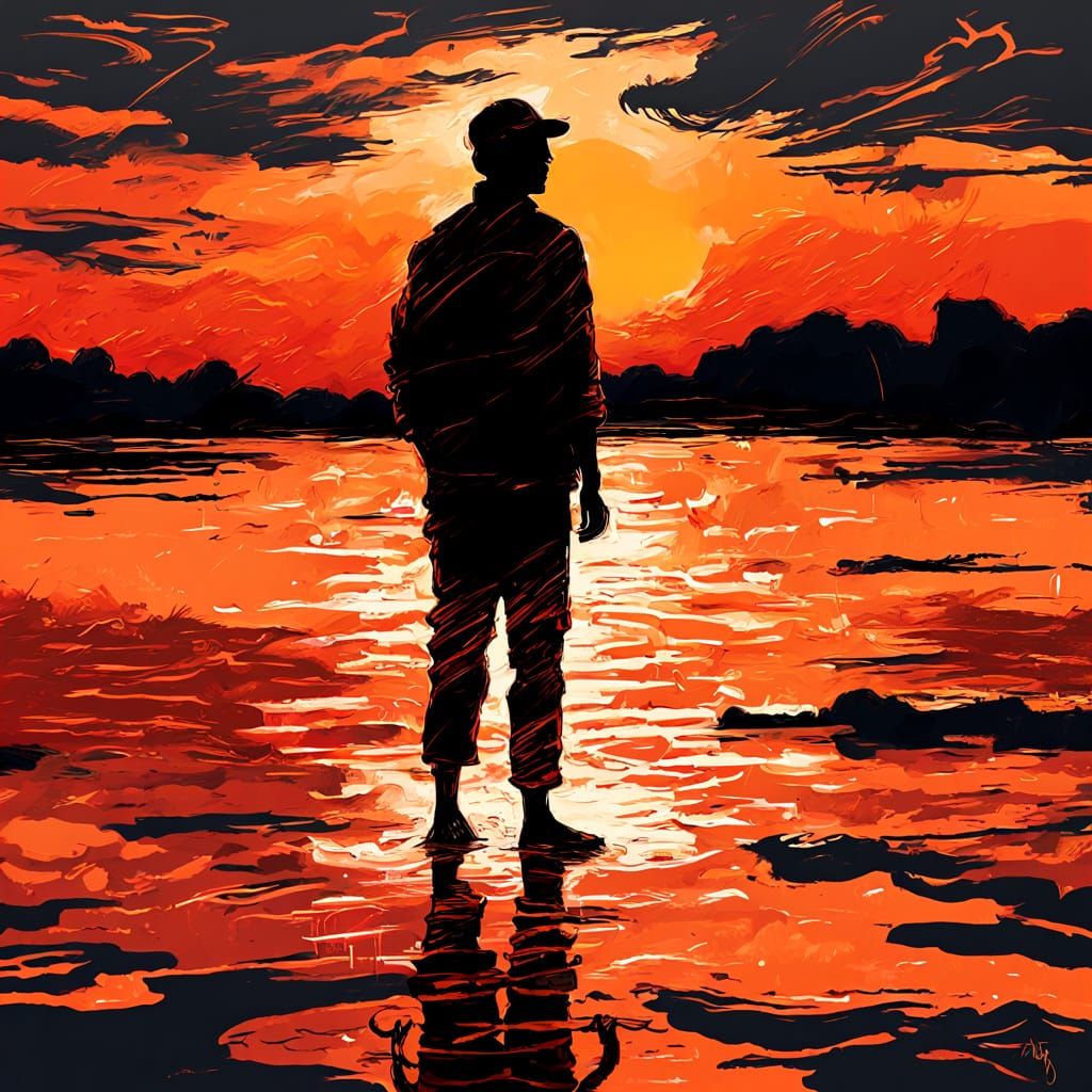 Fiery Sunset Over Water: Impressionistic Style