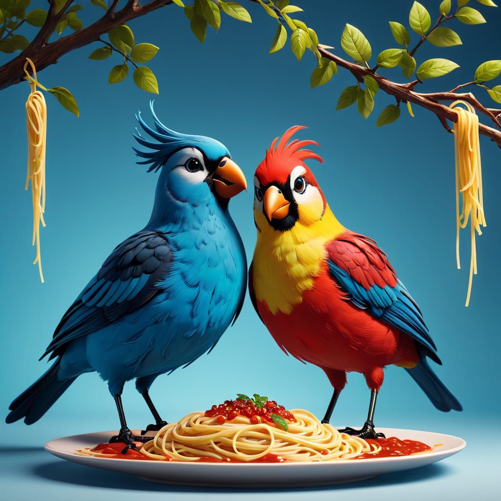 Whimsical Cartoon Birds Enjoy Italian Feast
