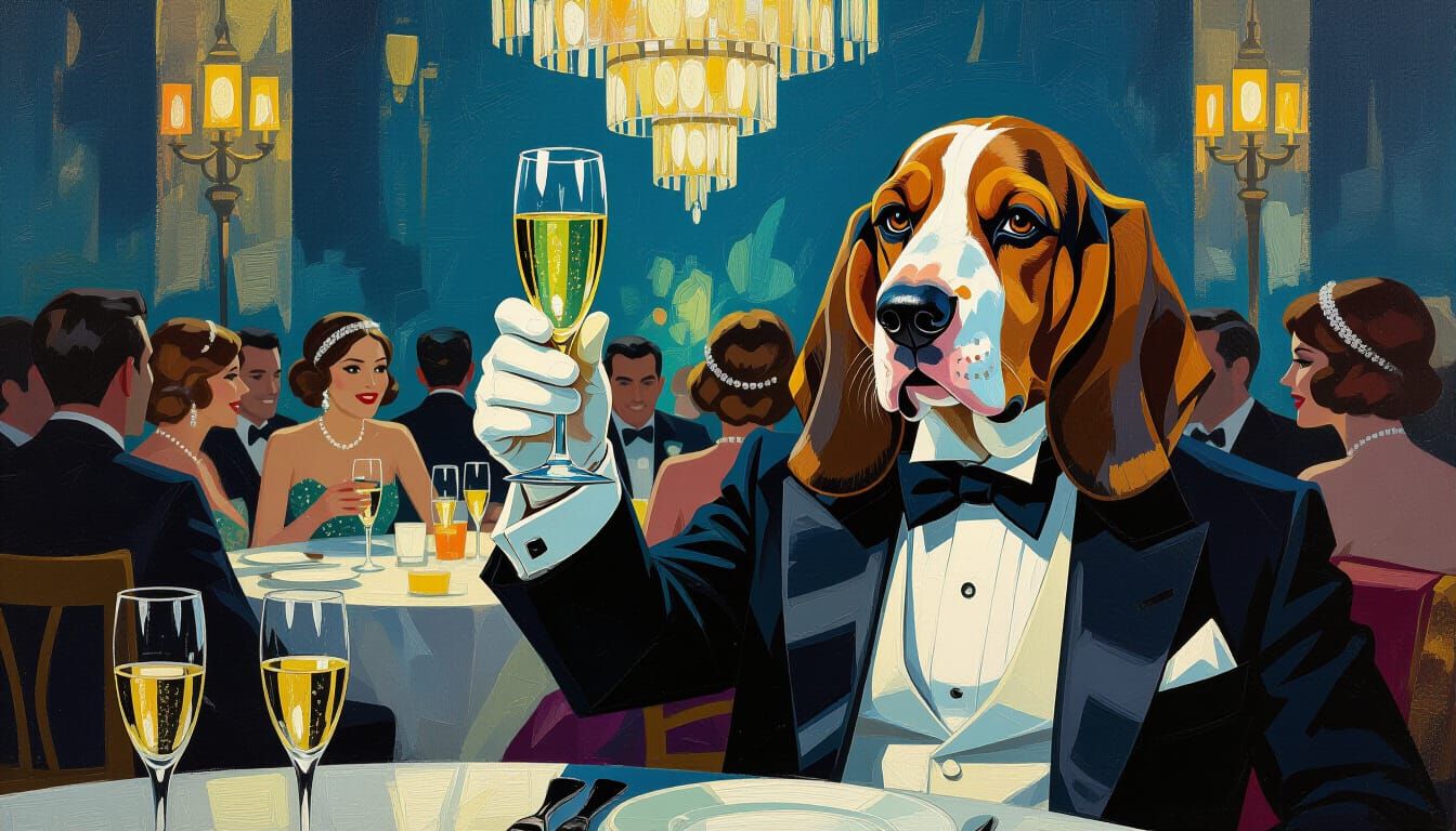 Basset Hound in Tuxedo at Roaring 20s Party