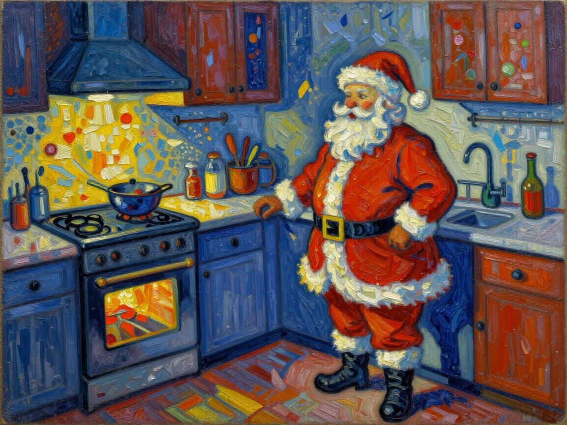 cuisine du Père Noël, Santa Claus' kitchen, De Stijl neo-impressionism expressionist style oil painting, smooth post-imp...