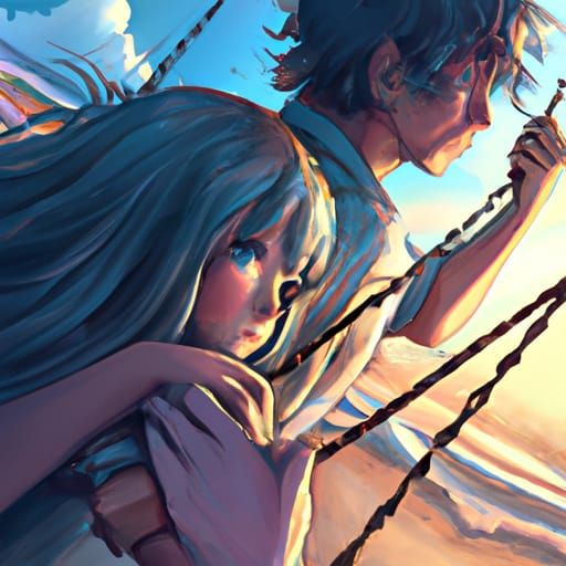 Romantic Beach Swing Portrait in Digital Art Style