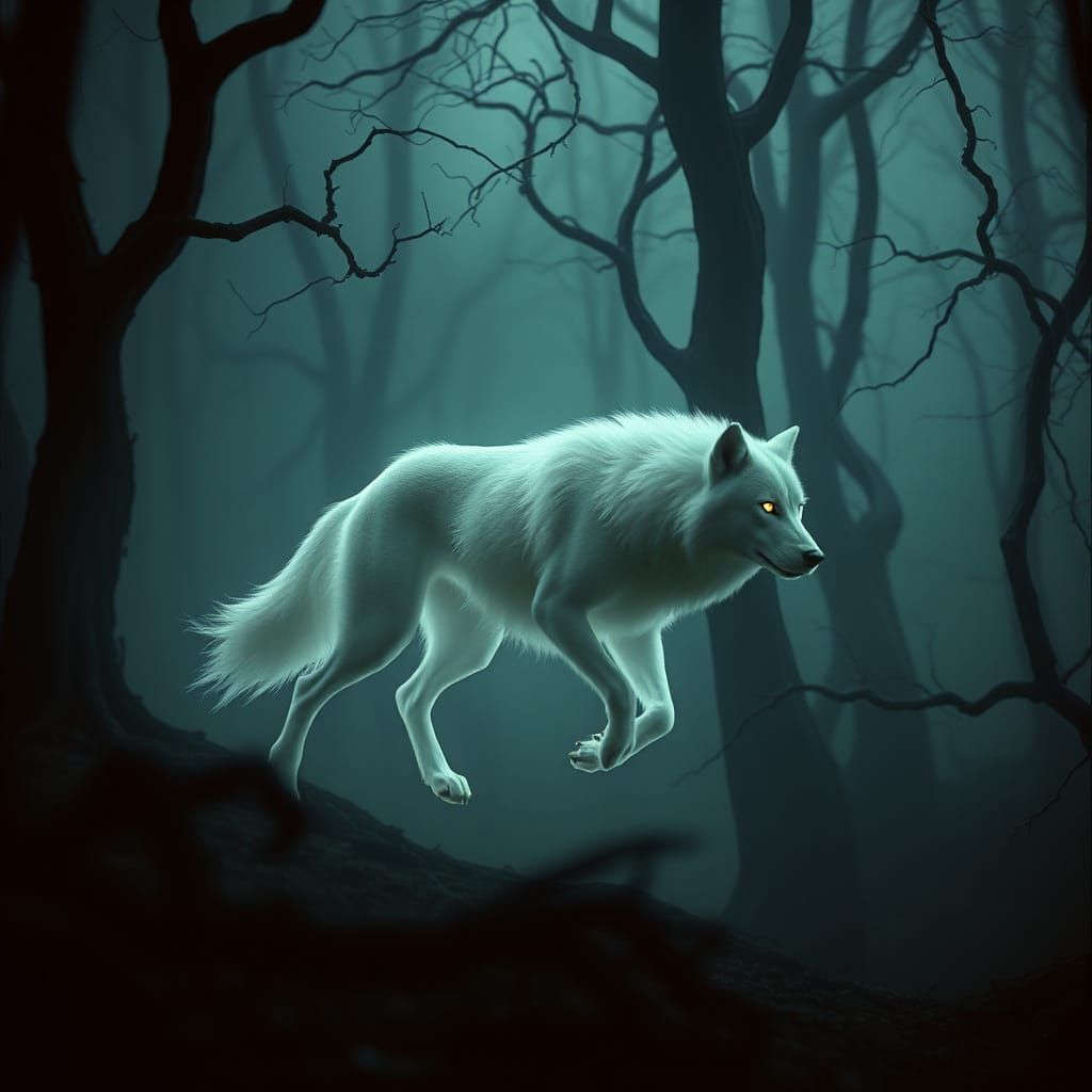 Ethereal Wolf Emerges from Haunted Forest Mist