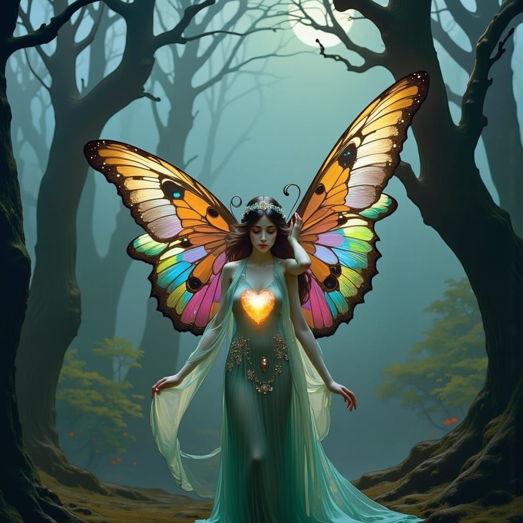 Butterfly Girl with Glass Heart in Art Nouveau Forest