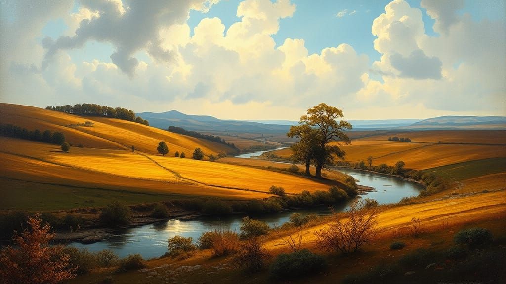 Serene Dutch Landscape with Meandering River and Golden Ligh...