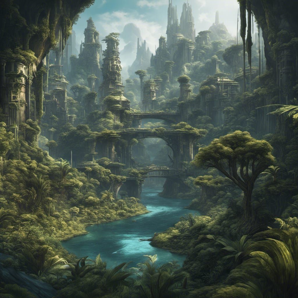 Futuristic Jungle Civilization with Serpents: Matte Painting