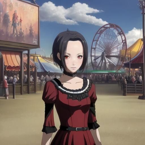 Anime Girl in Red Dress at Amusement Park
