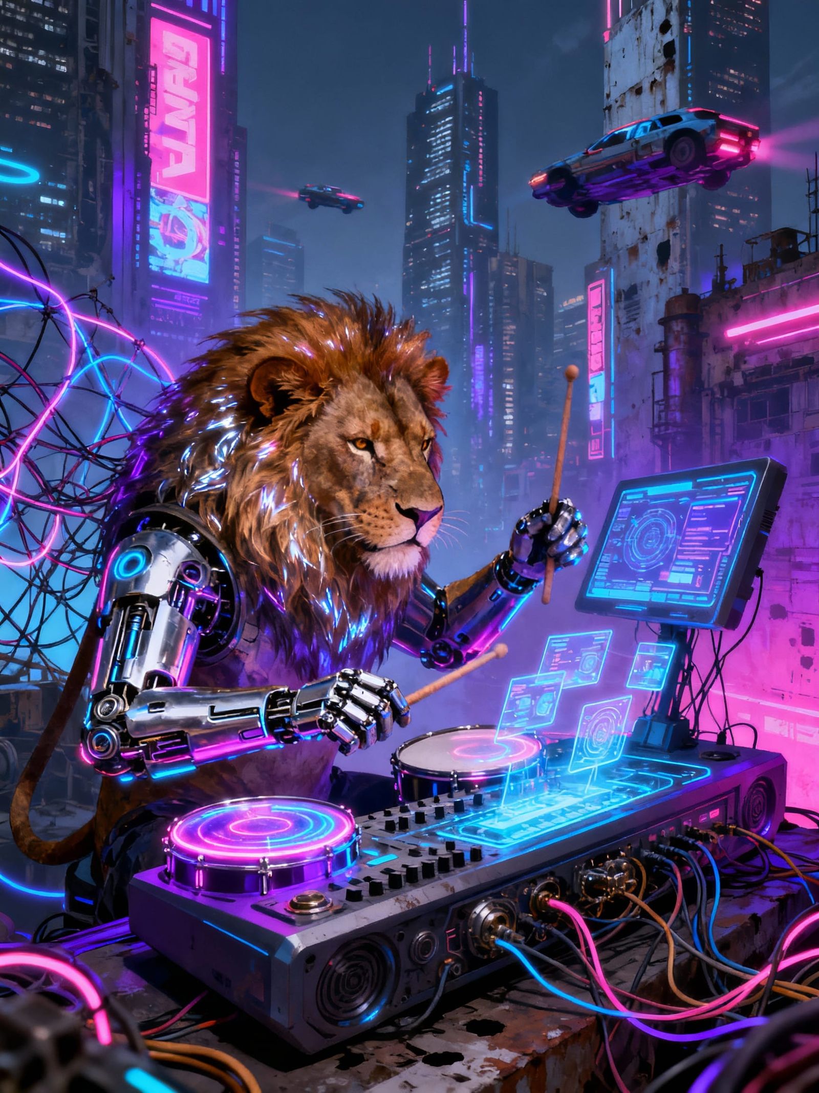 Cyberpunk Lion Rocks Drums in Neon City