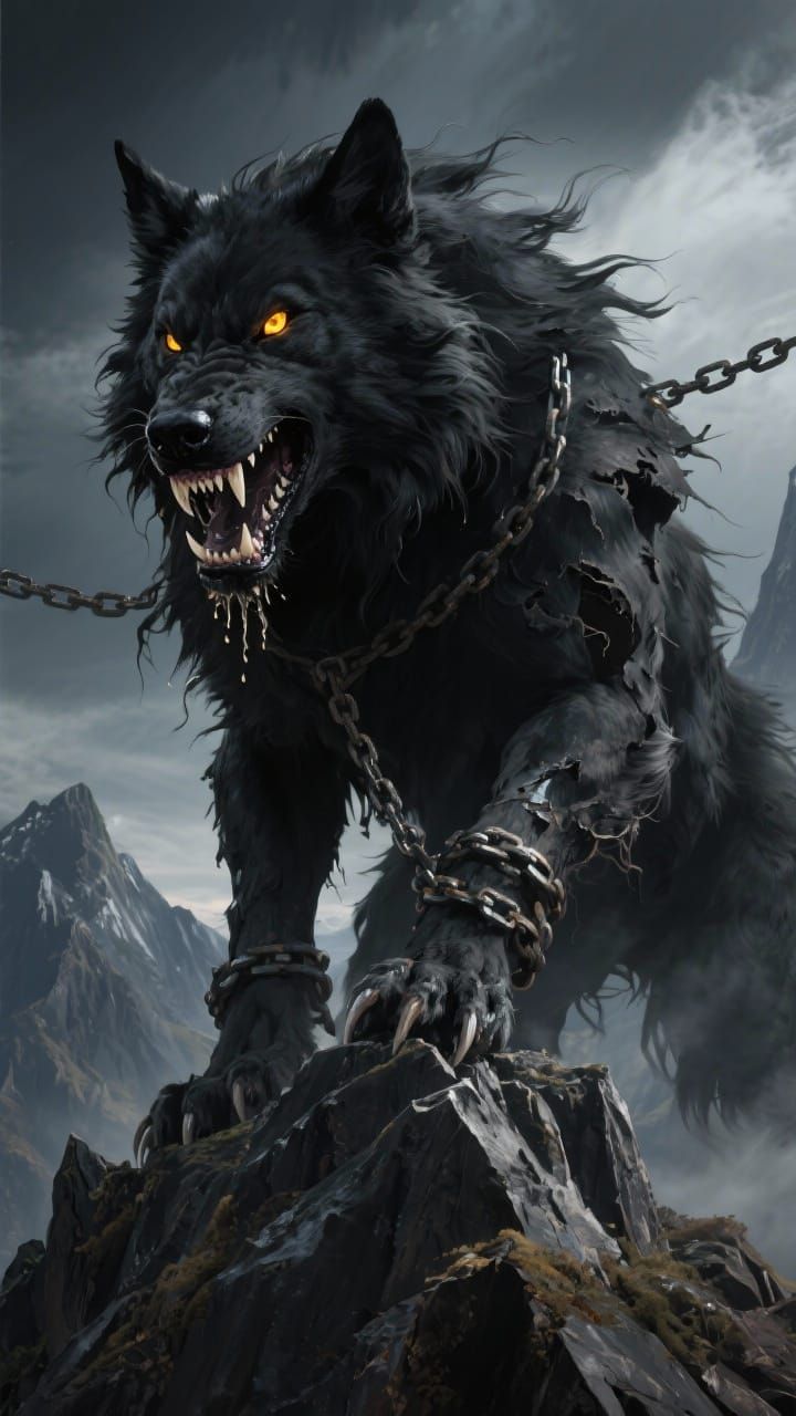 Furious Black Wolf Chained on Mountain Peak in Dark Fantasy ...