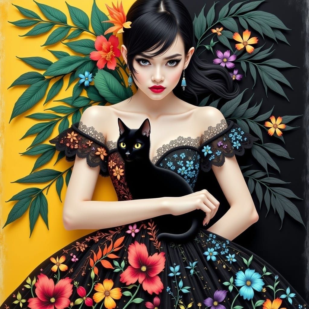 Split Personality Woman with Cat in Ash Thorp Style