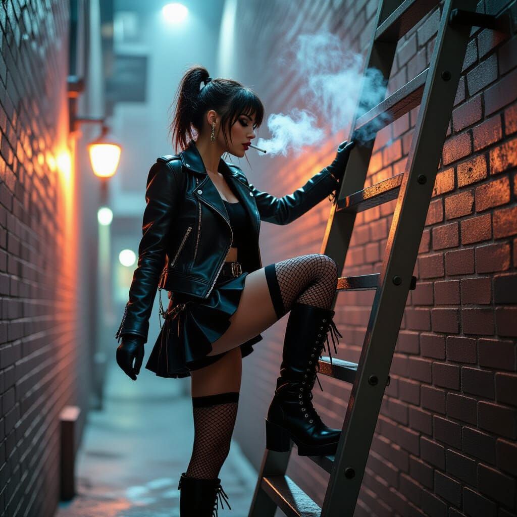 Punk Girl's Gritty Escape in Film Noir Style