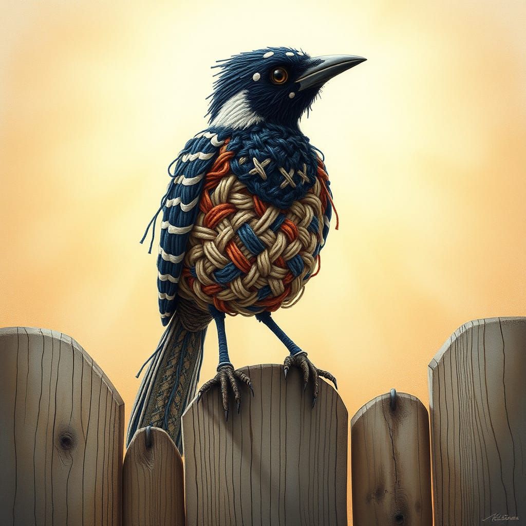 Whimsical Threaded Magpie Perched on Weathered Fence