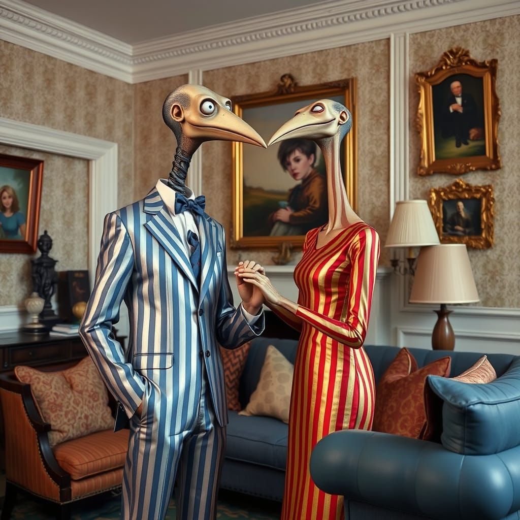 Ethereal Couple in Whimsical, Tim Burton-Inspired Living Roo...