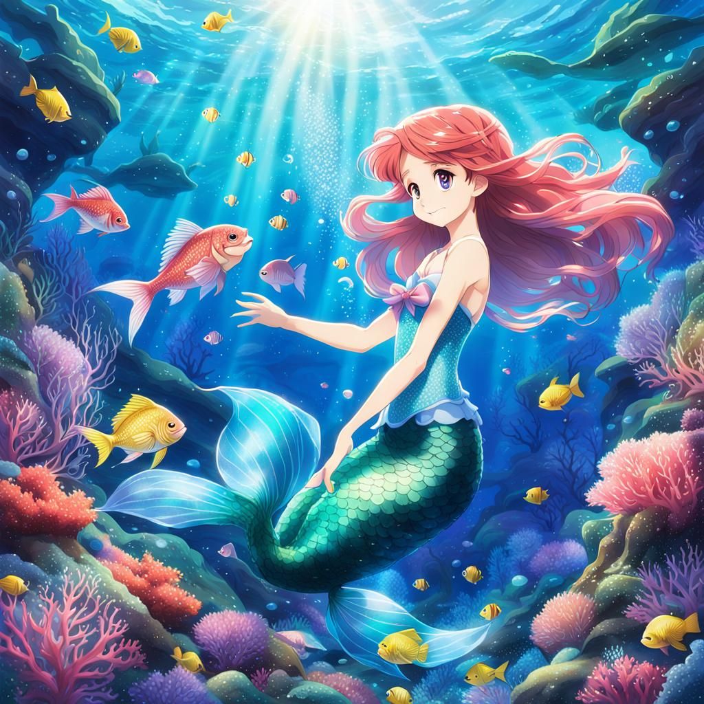 Anime Little Mermaid Underwater with Fish and Coral