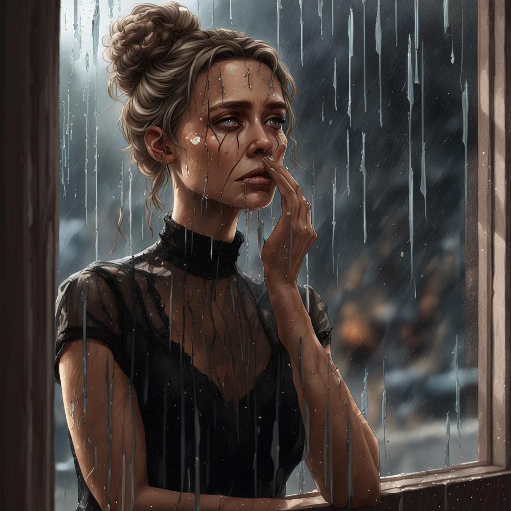 crying woman behind broken glass