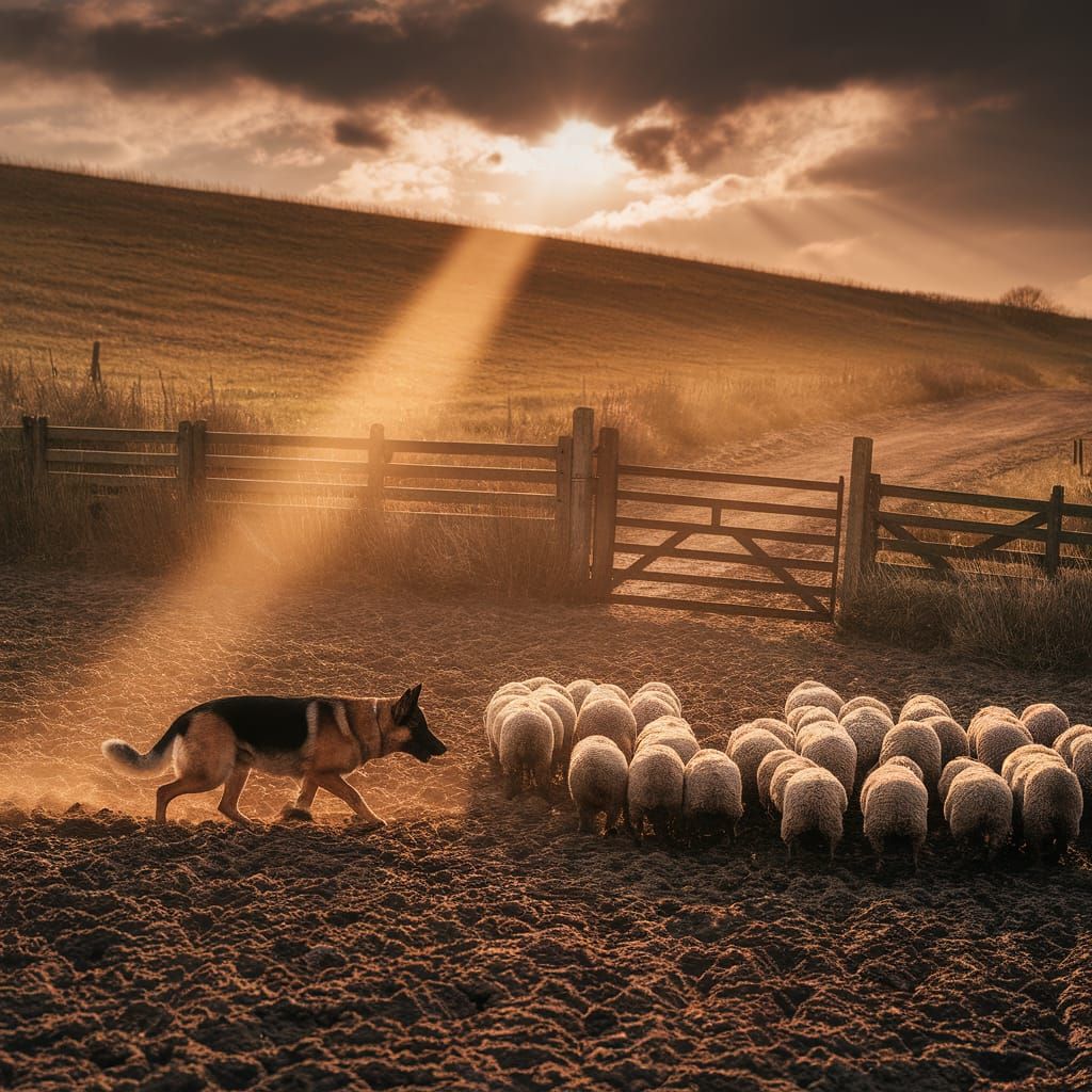 German Shepherd Herding Sheep at Sunset