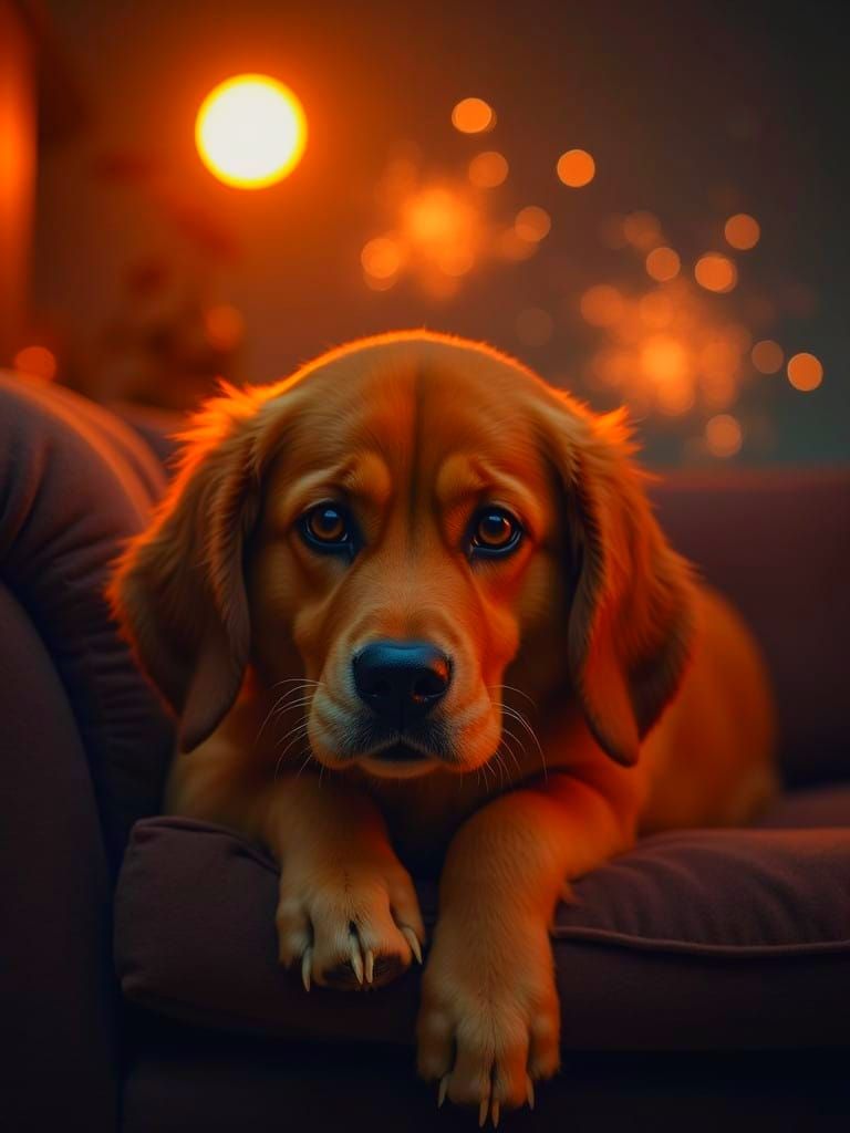 Family Dog Seeks Refuge Under Chair Amidst Bokeh Fireworks