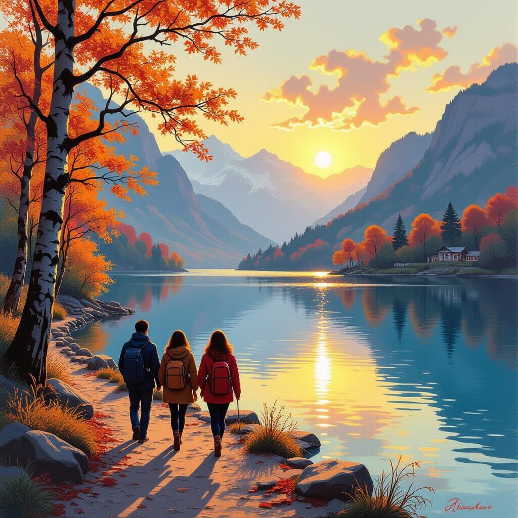 Hikers Enjoy Autumn at Mirror Lake, China