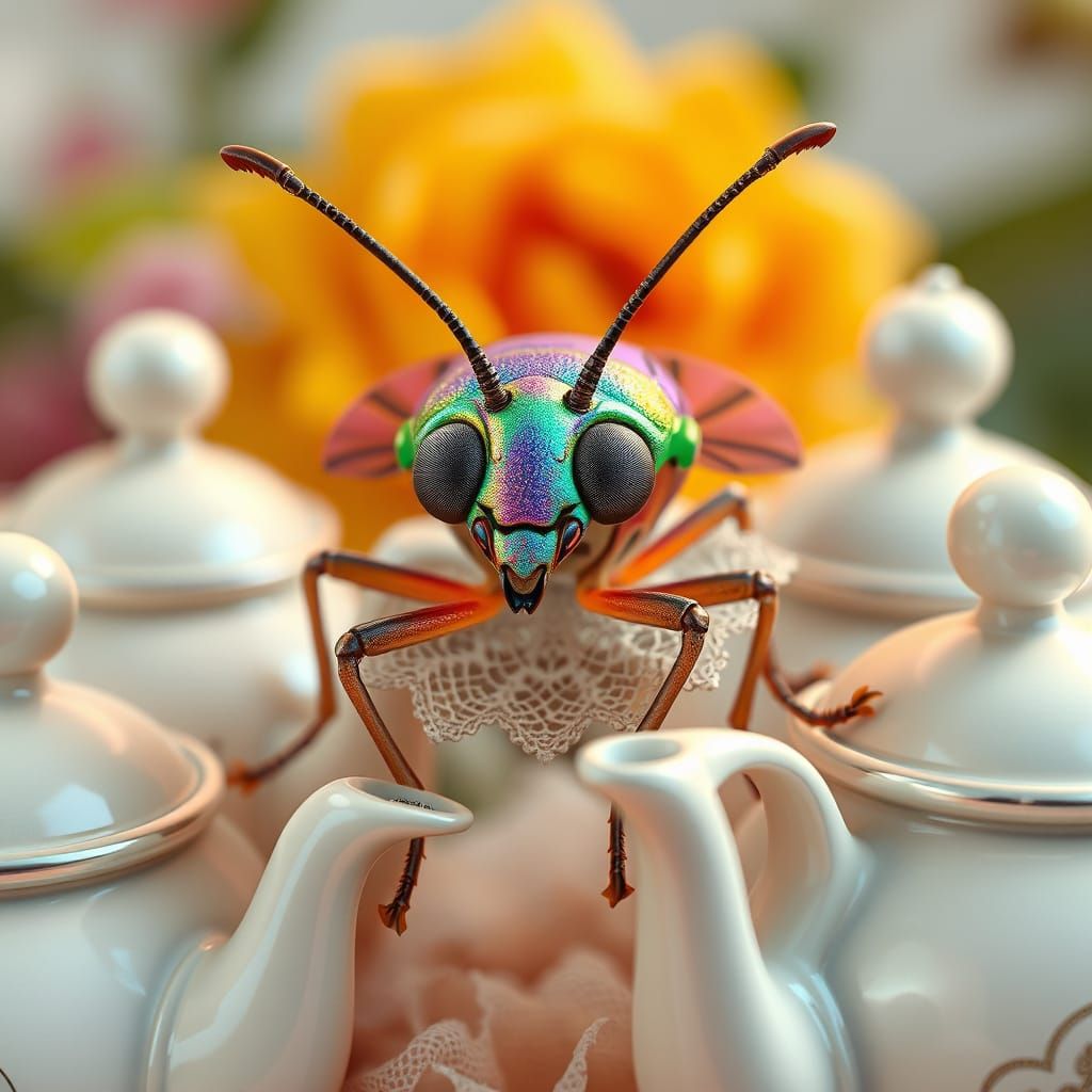Vibrant Anime Aphid Surrounded by Antique Lace Teapots