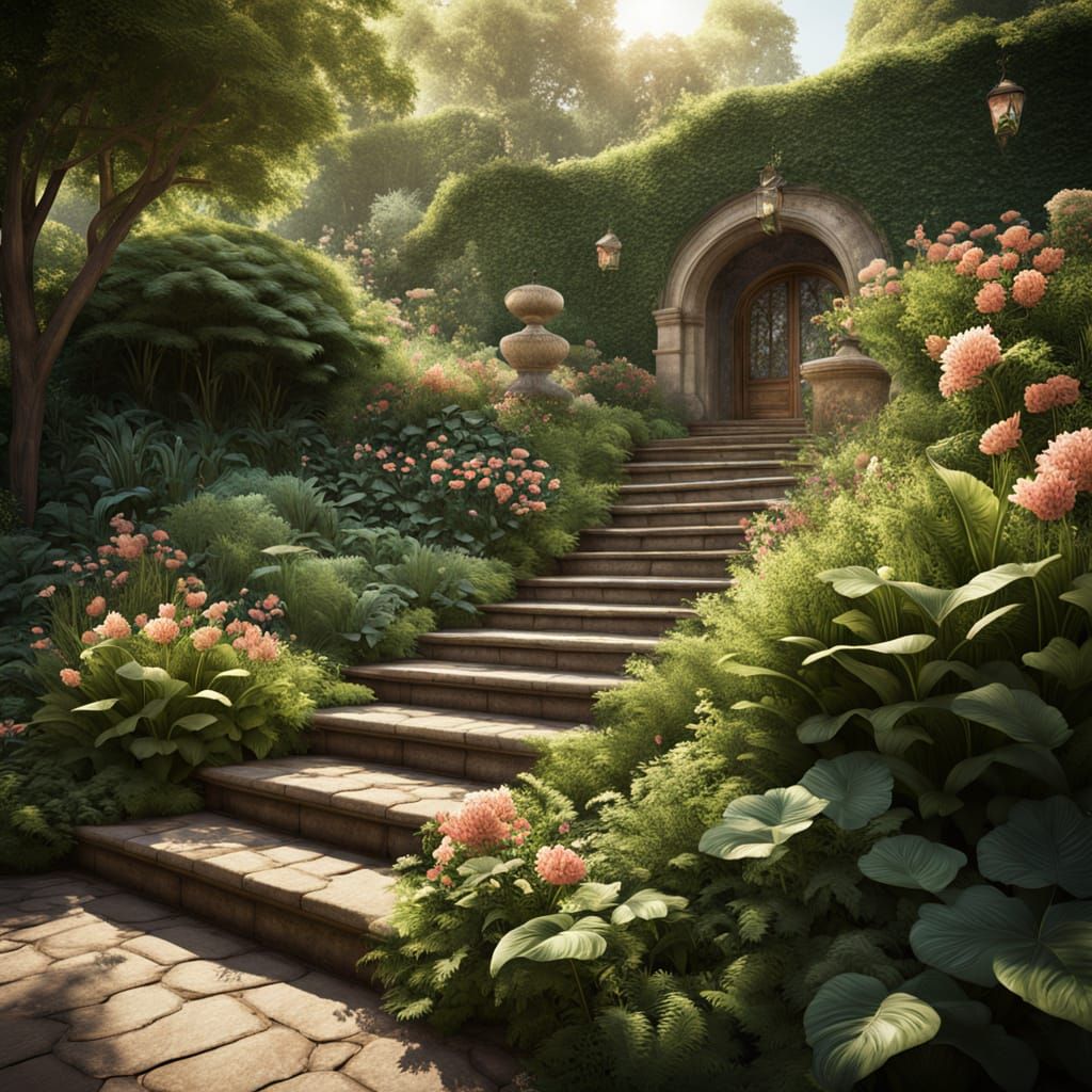 Grand Staircase in Serene Impressionist Style