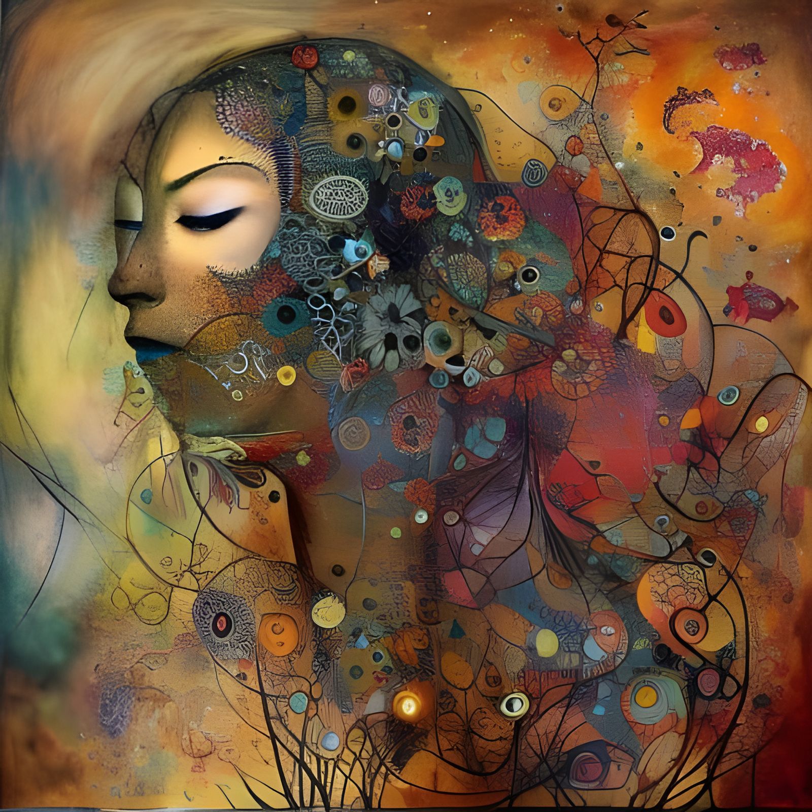 Intricate Asian Woman Portrait with Flowers and Geometric Ar...