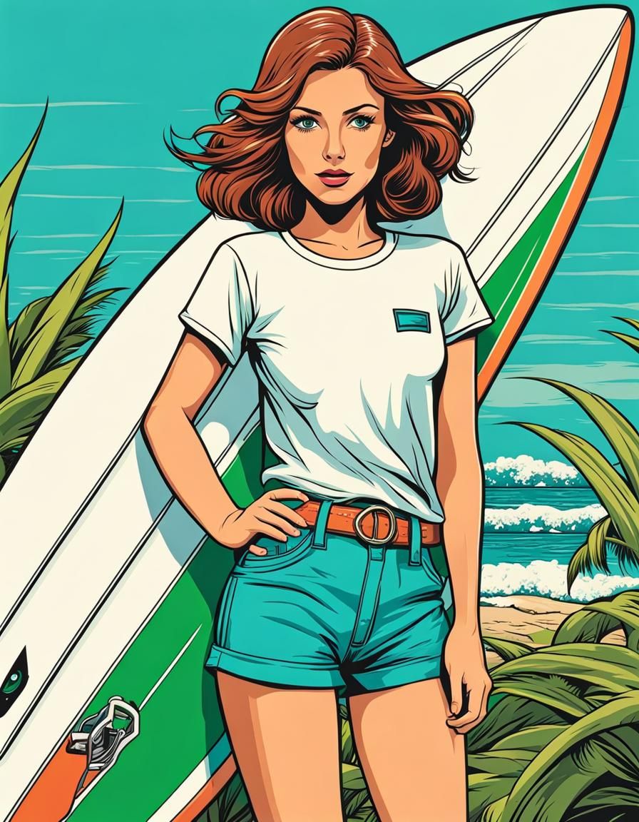 Retro Comic Style Surfer Girl Illustration