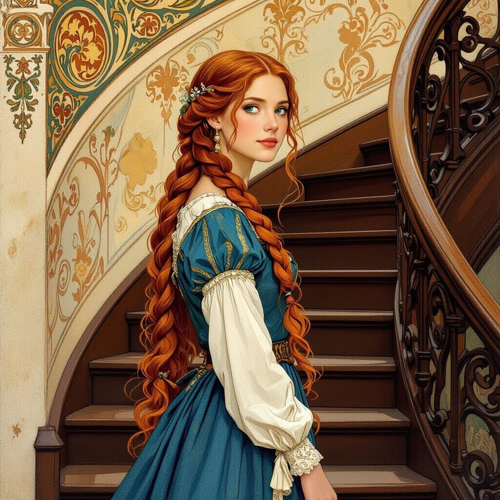 Red Haired Maiden by Carved Staircase in Art Nouveau Style