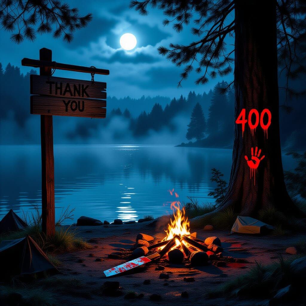 Eerie Lakeside Campground Horror Scene at Night