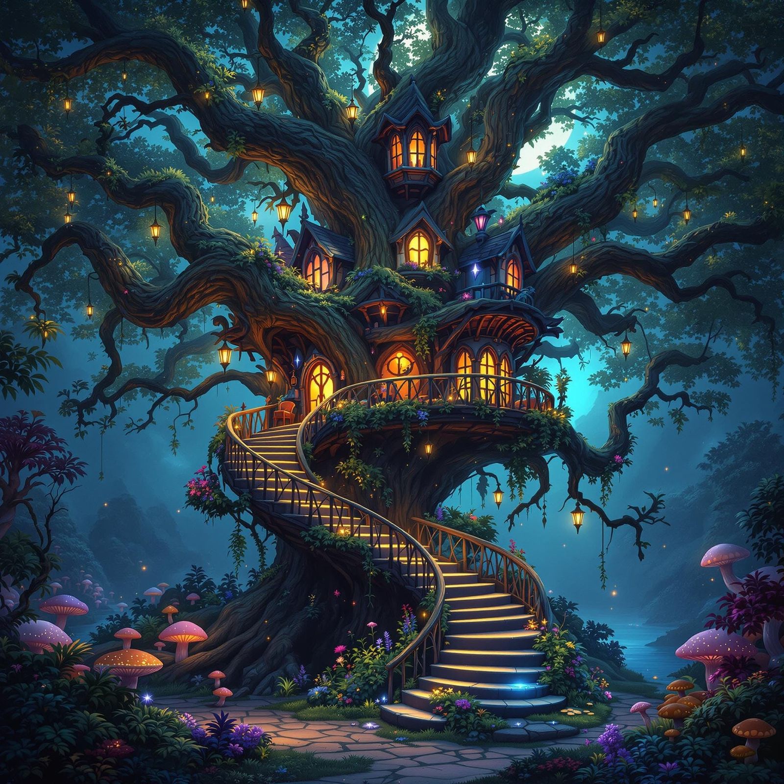 Whimsical Treehouse Amidst Moonlit Forest