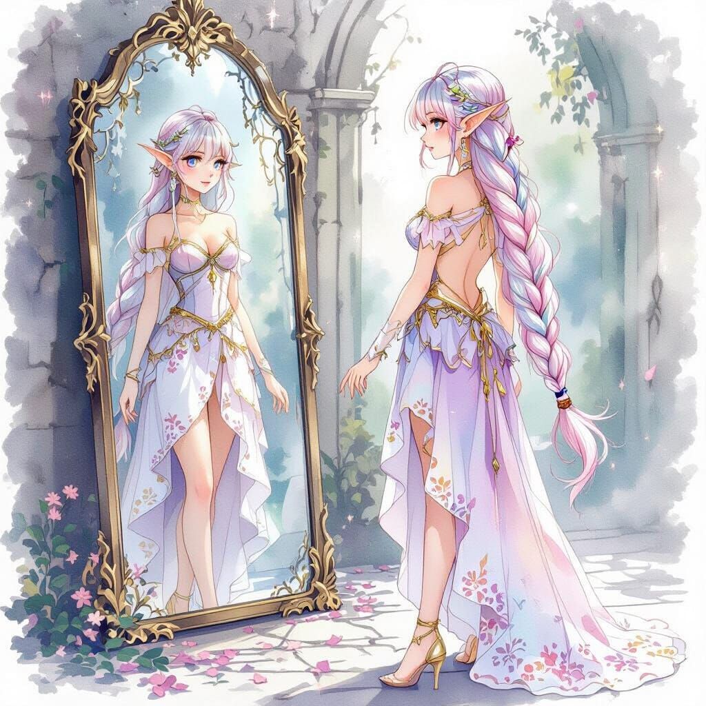 Elf and Mirror: Whimsical Watercolor Painting