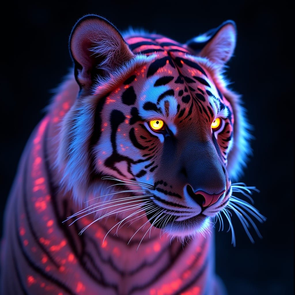 a mesmerizing and visually striking image featuring a bioluminescent holographic tiger. The tiger is rendered with an in...