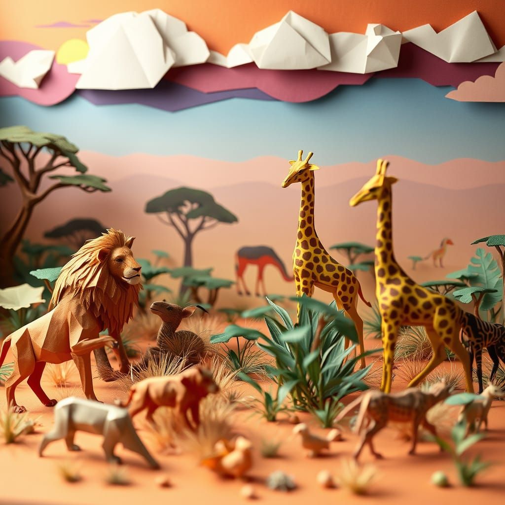 Origami Savannah Wildlife in Cinematic Style