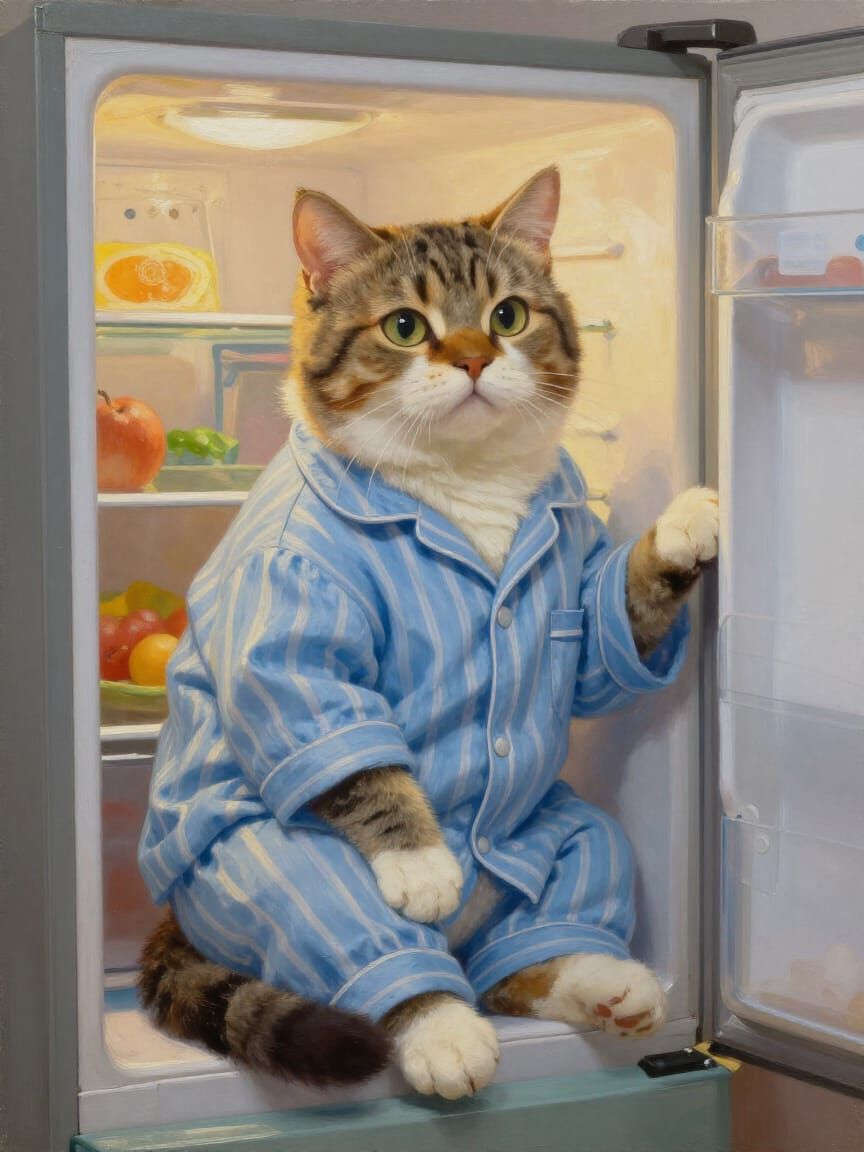 Tabby Cat in Pajamas Opens Refrigerator in Cozy Light