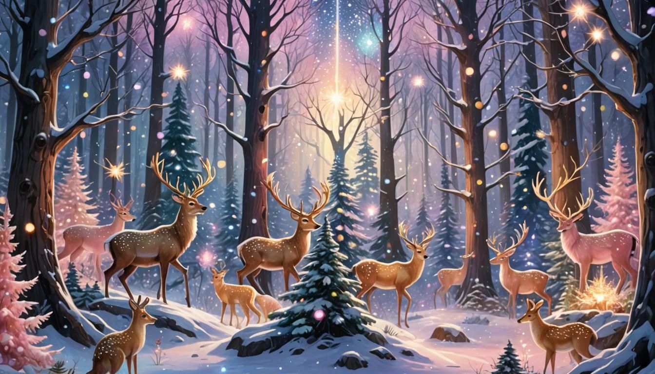 Celestial Forest Gathering in Vibrant Iridescent Colors