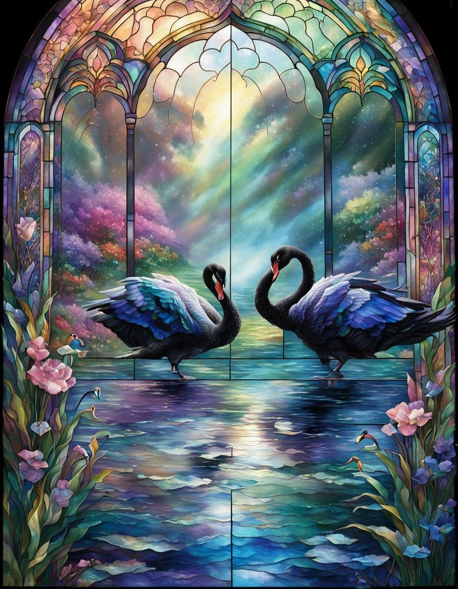Stained Glass Swans in Ethereal Fantasy Mist
