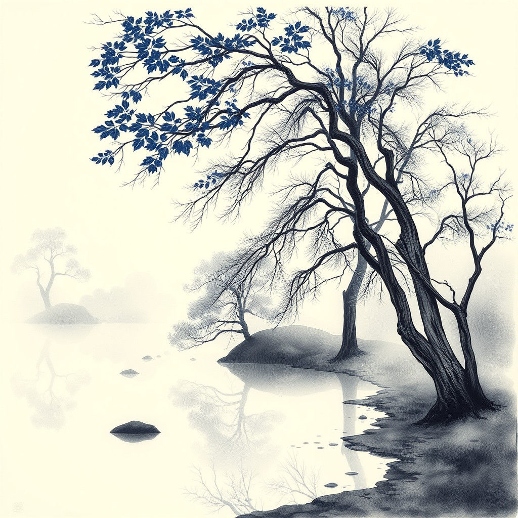 Misty Japanese Garden in Ukiyo-e Style