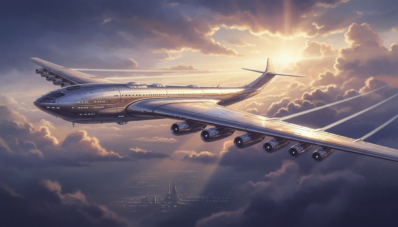 Colossal 16-Engine Passenger Jet in Golden Hour Sky
