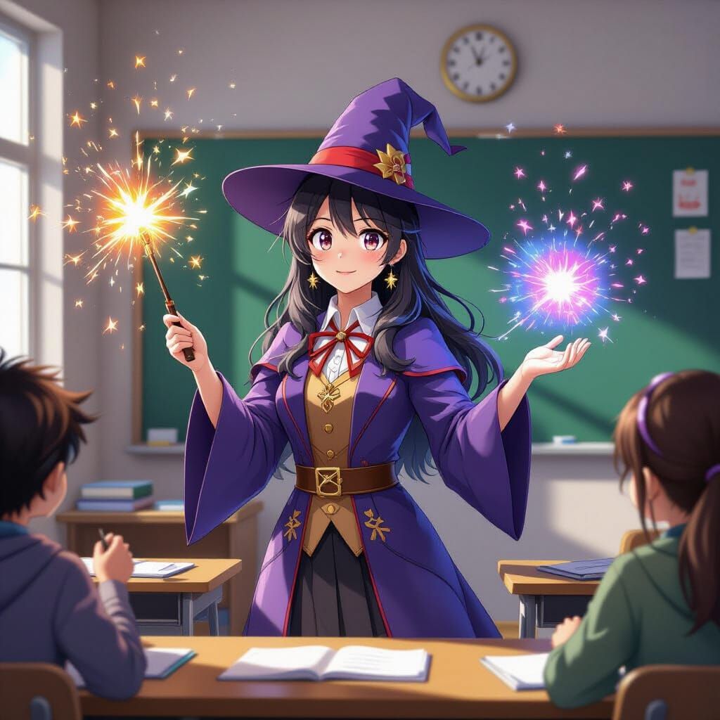 Hispanic Teacher Casting Magic Spell in Anime Style