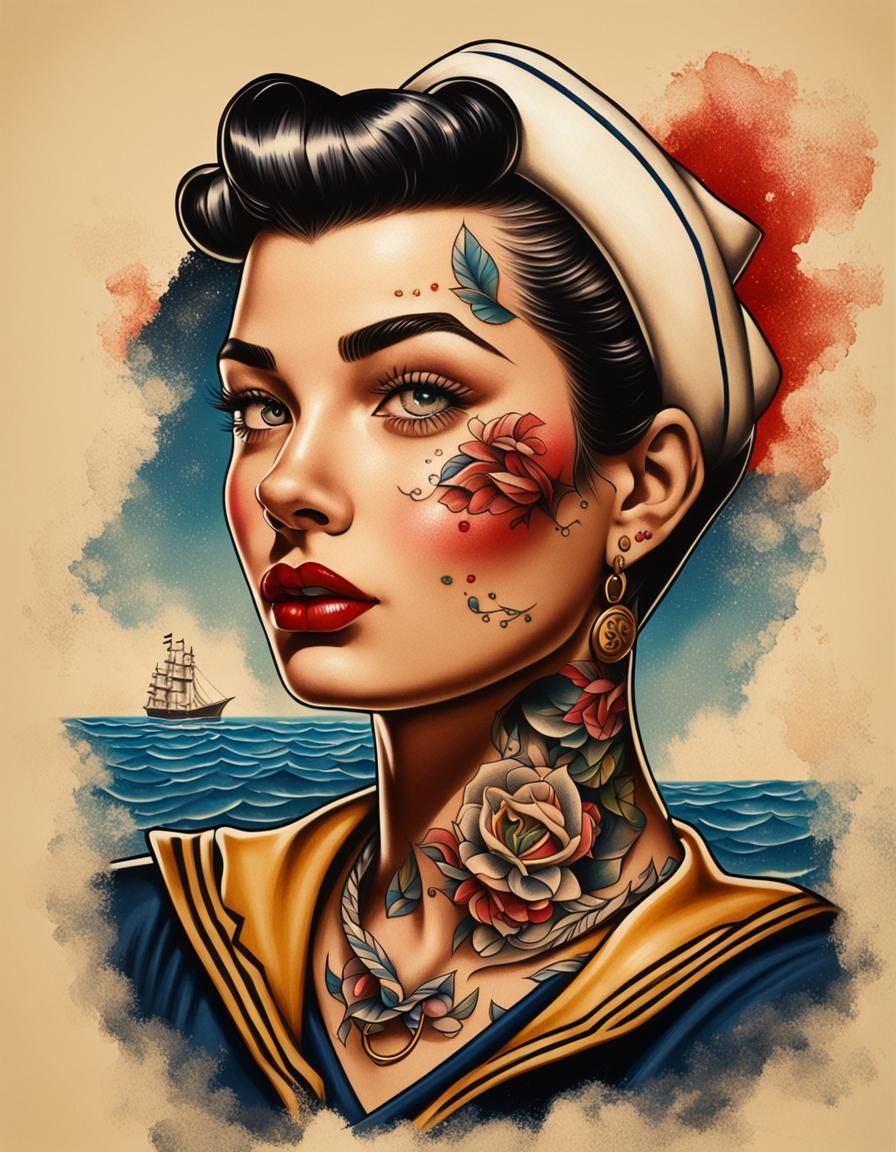 Vintage Sailor Girl Tattoo Art in 1950s Style