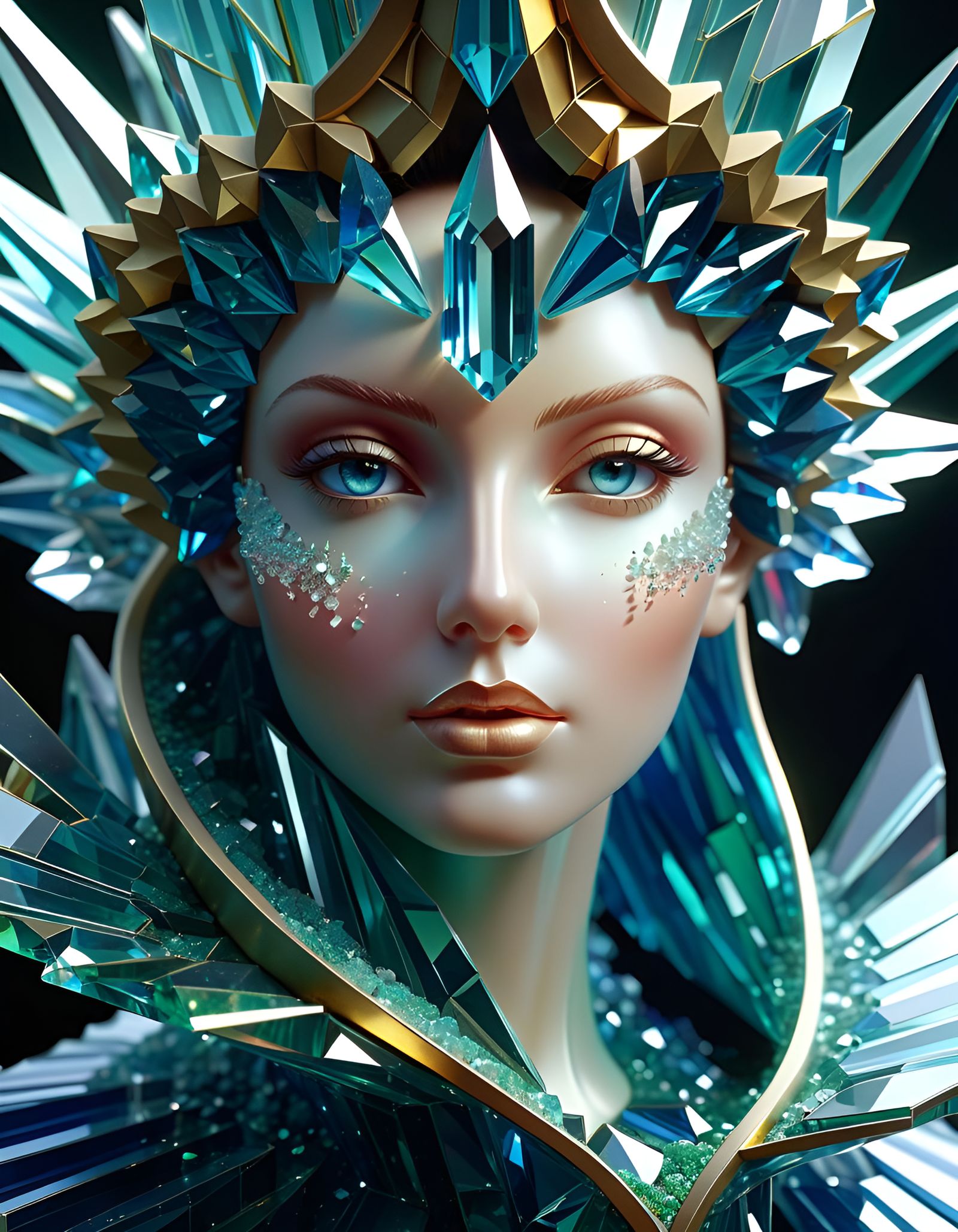 Crystallographic Face Statue in Crushed Glass Conceptual Art