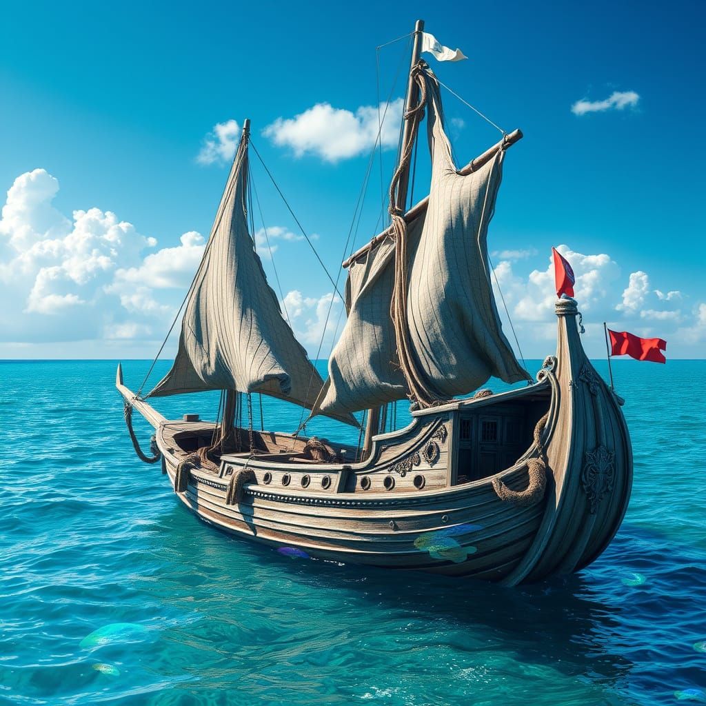 Weathered Sailboat Drifts in Turquoise Ocean