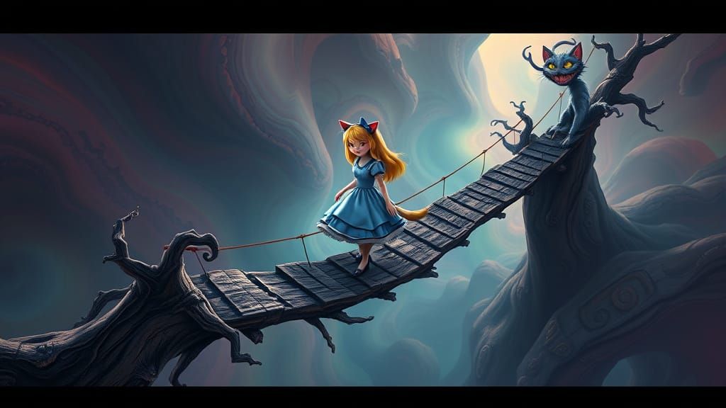 Whimsical Wonderland Bridge Scene with Cheshire Cat and Alic...