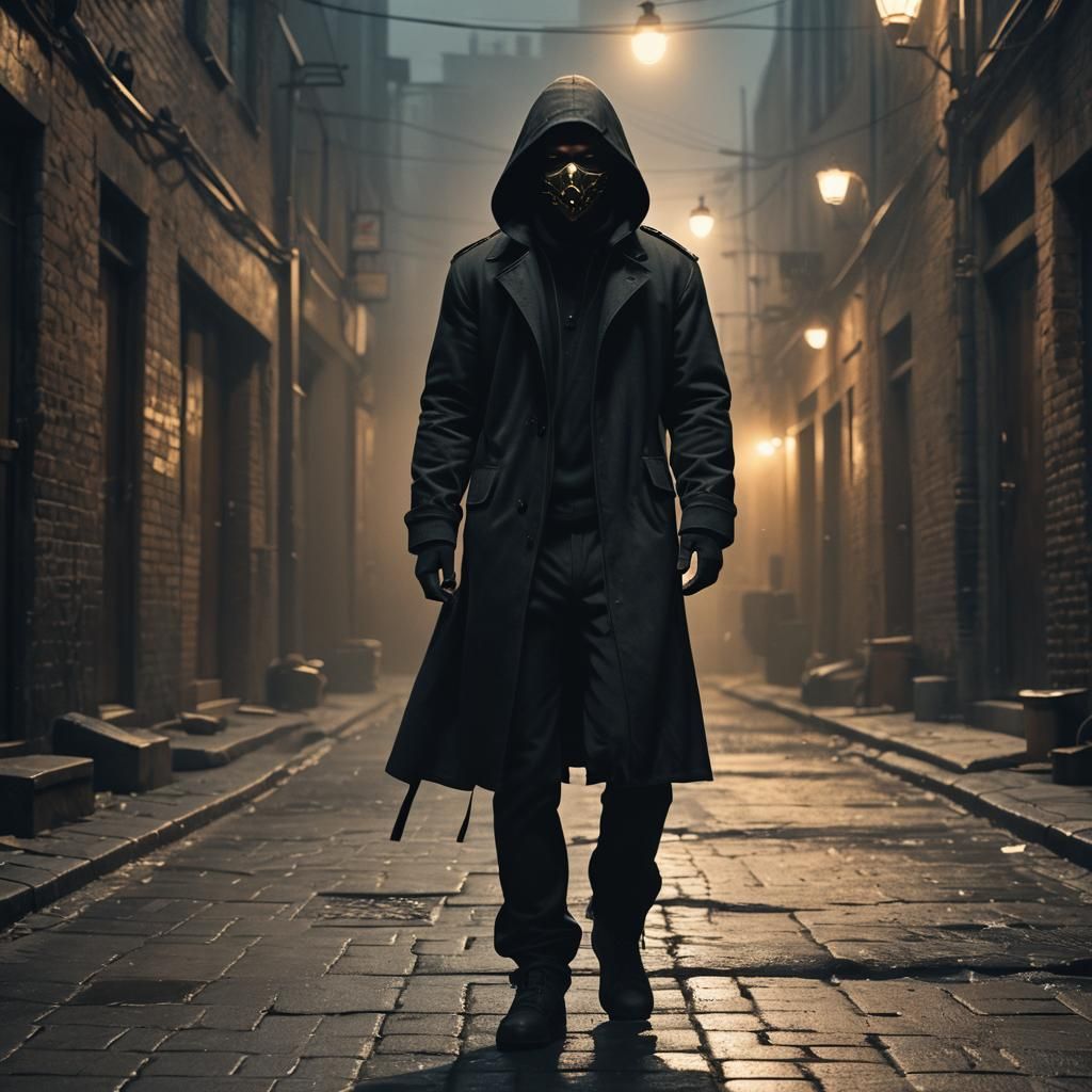 Masked Figure in Smoky Alleyway: Octane Render
