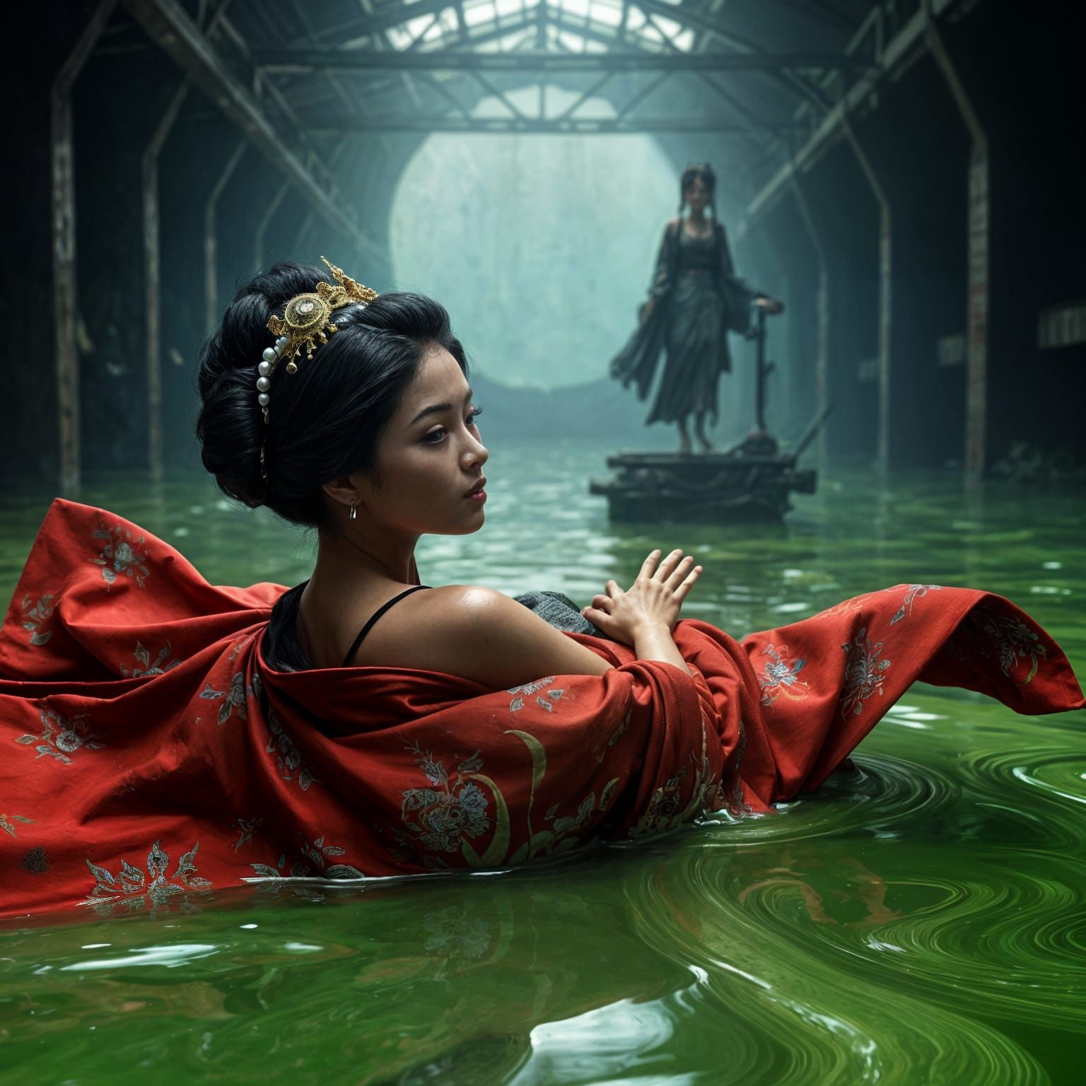 Vedic Geisha on Slime River: 3D Digital Art