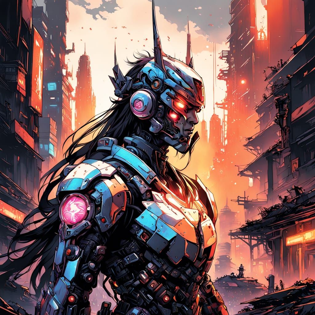 Cyborg Goddess Amidst Ruined Cyberpunk Metropolis