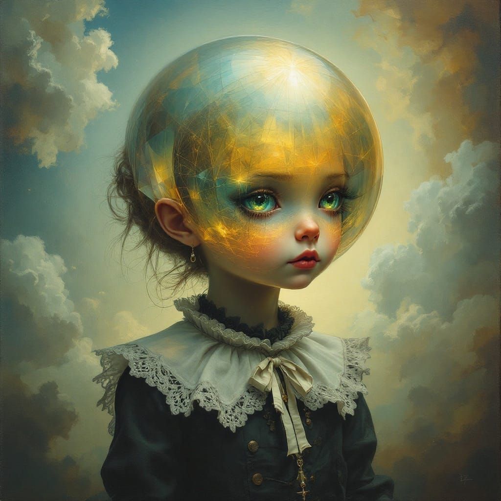 Whimsical Child in Dreamlike Atmosphere with Crystalline Orb