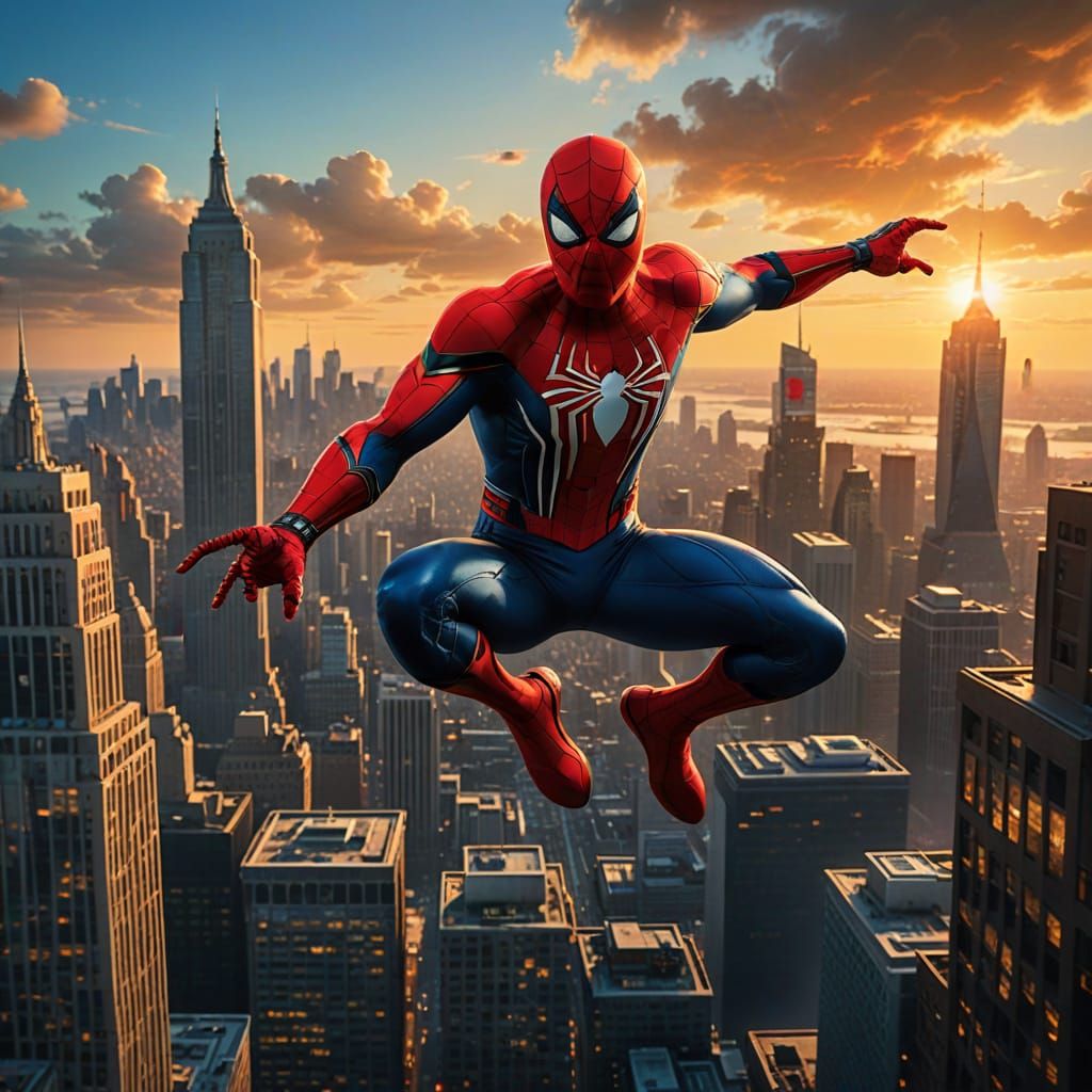 Spider Man Swings Through a Vibrant Cityscape in Sunset Sple...