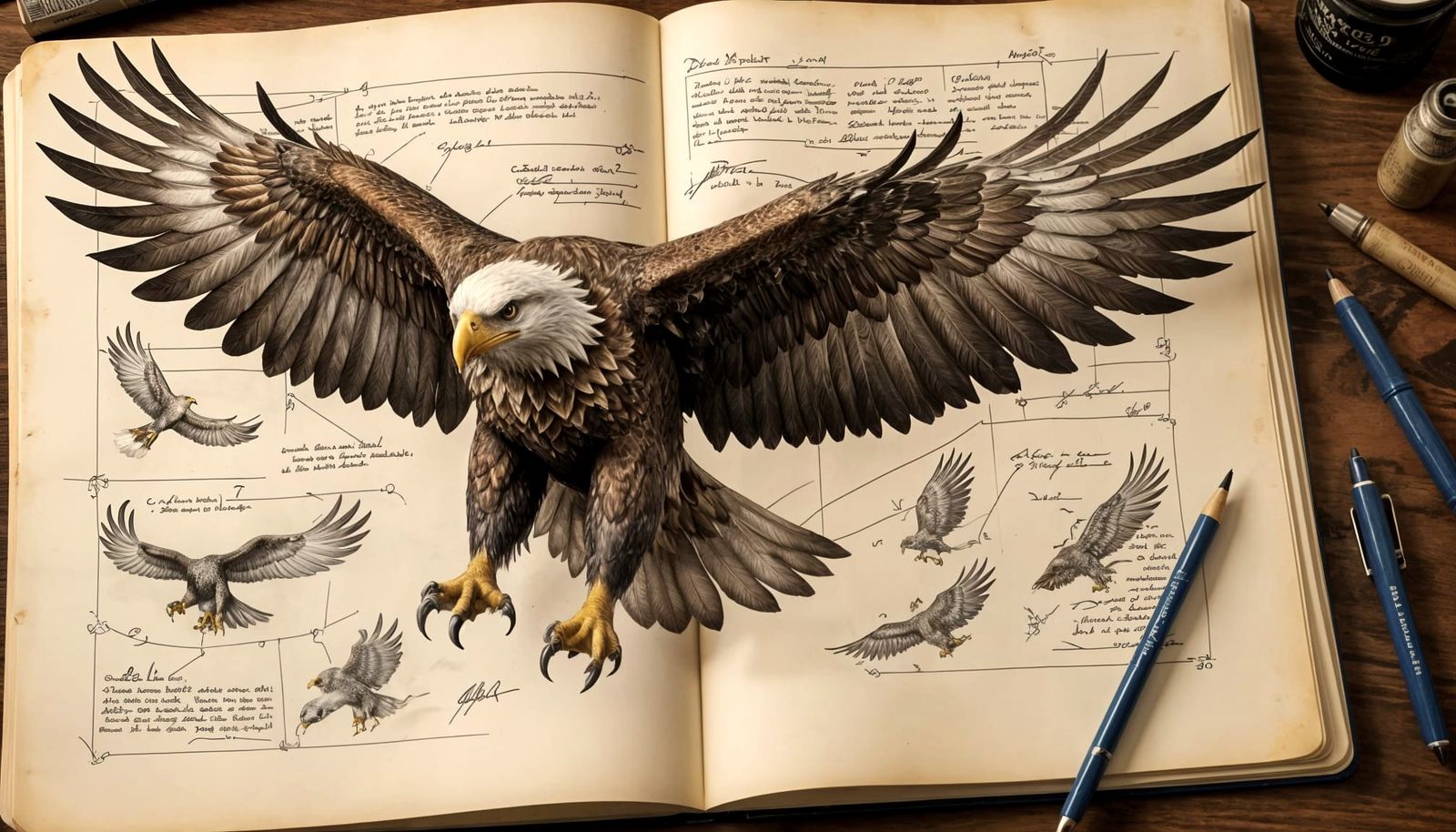 Technical Drawings of Eagle Wings in Bright Ink