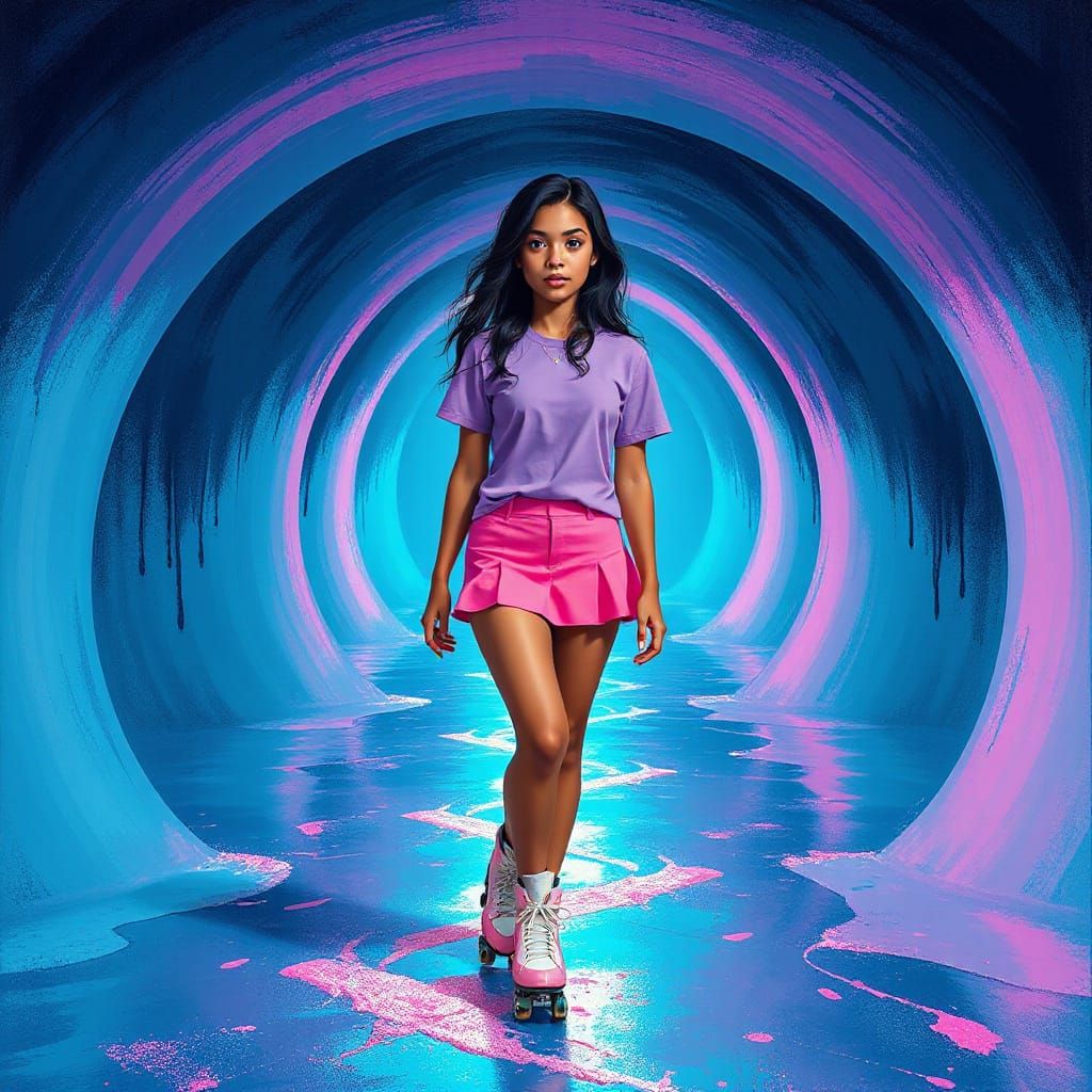 Dark Surrealism Chibi Girl Roller Skates in Vibrant Teal and...